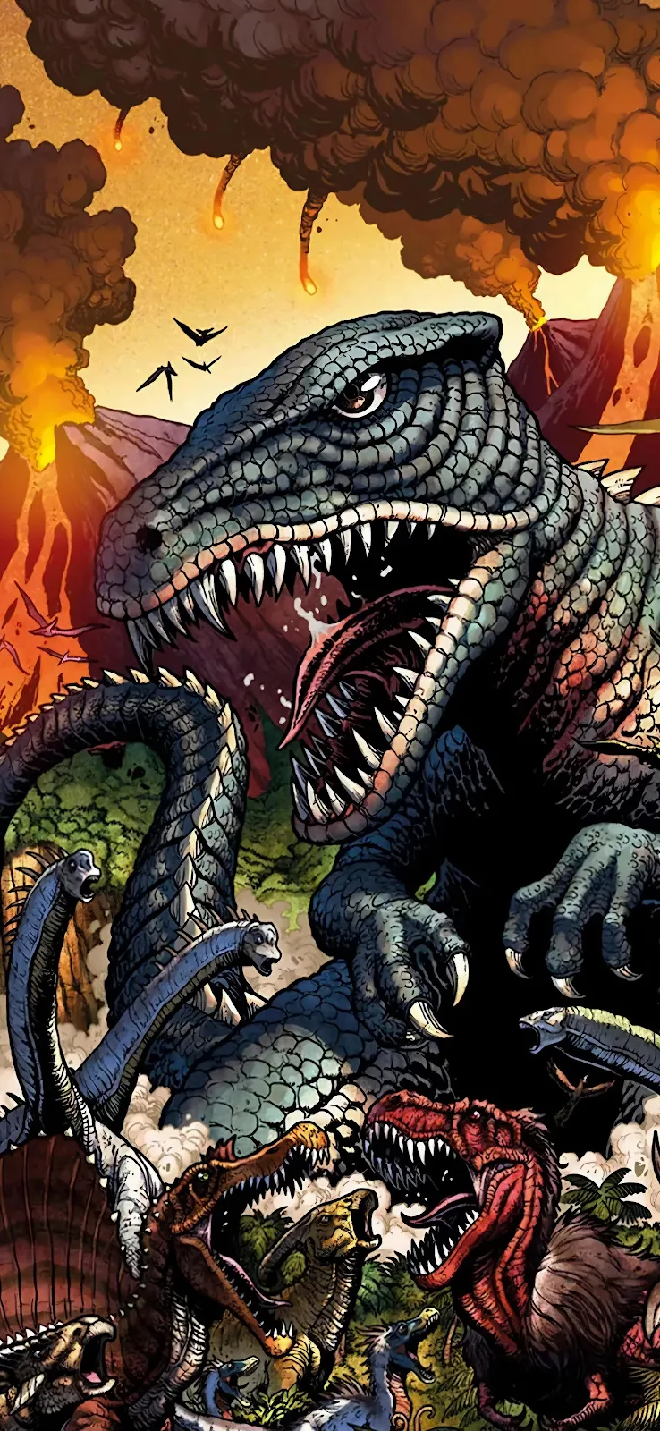 Prehistoric Dinosaurs Battle Extinction - Comic Book Art 2K iPhone Wallpaper (1999x4331)