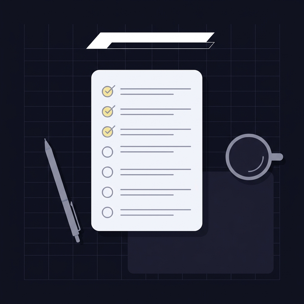Minimalist 2D vector checklist with pen and coffee cup on dark Funded Plays background illustrating american express odds concept with checkboxes and placeholder lines no visible text