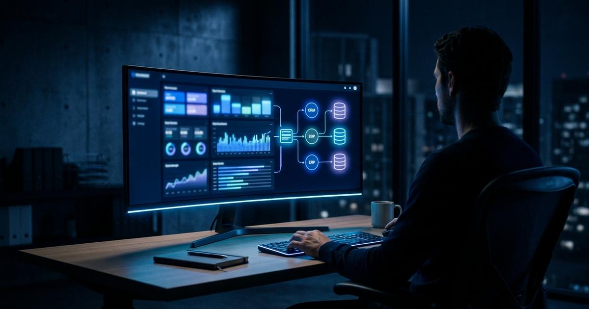 Dashboard de automatizare AI cu analitice și integrare CRM/ERP pe monitor de birou