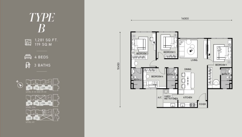 Tangen Residence Type B floor plan — 1281 sq ft, 4 bedrooms
