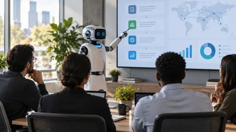 AI machine presenting strategic information to a group of professionals