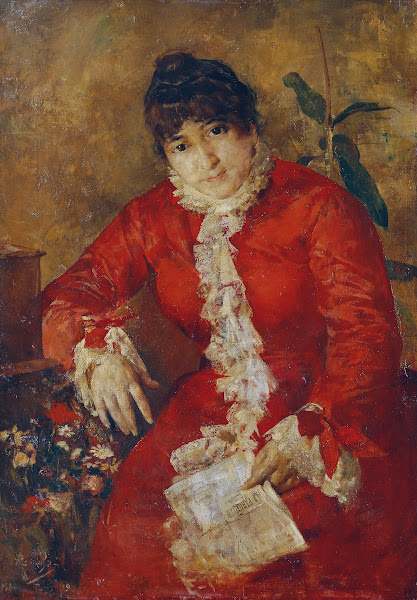 Frau im scharlachroten Kleid mit Zeitungsblatt und Ficus Frau im roten Kleid mit