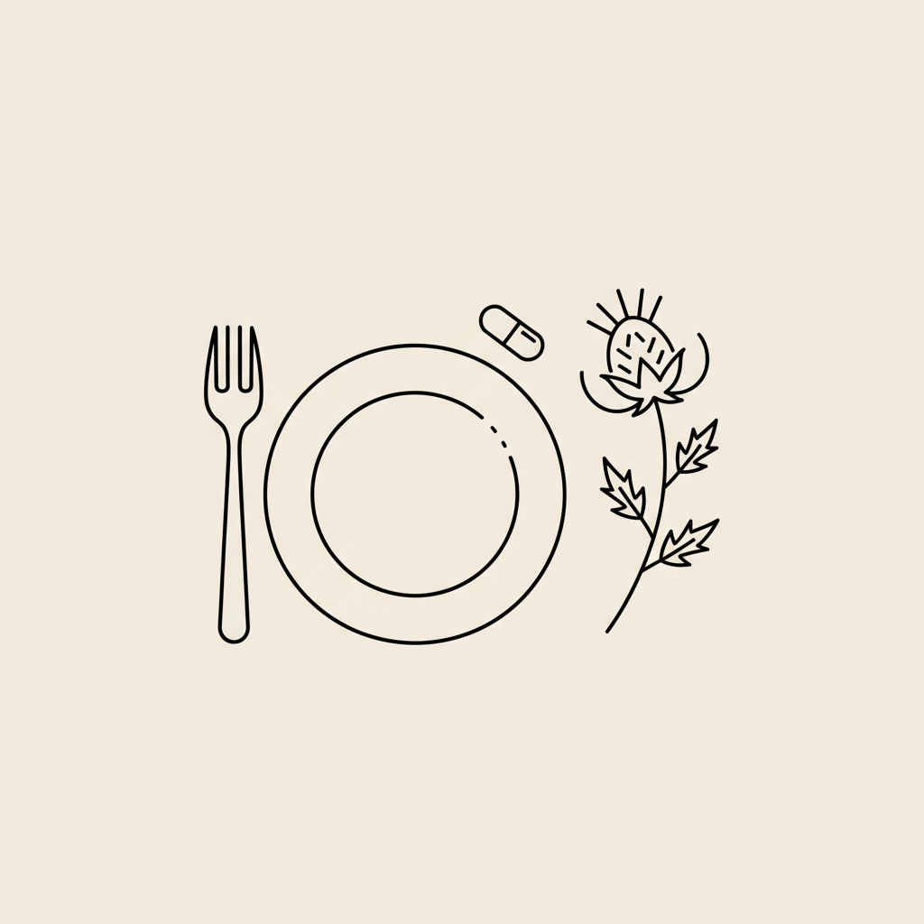 Minimalist line illustration of a plate, fork, capsule, and milk thistle sprig on beige background representing best meal replacement diet