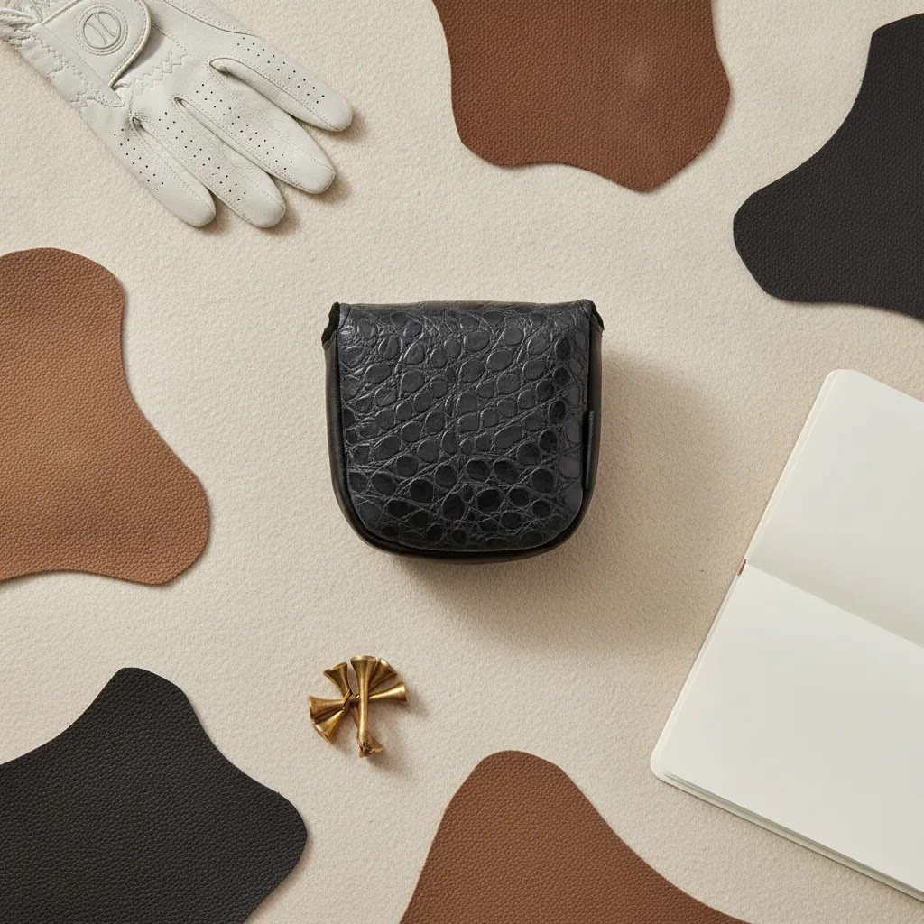 Square social image featuring a luxury leather putter cover for readers interested in a handmade golf headcover shop