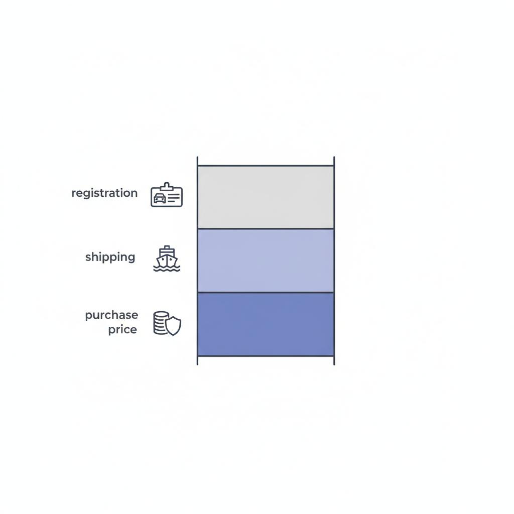 Minimalist vector infographic stacked bar showing purchase price shipping compliance and registration cost breakdown for nissan skyline r34 for sale