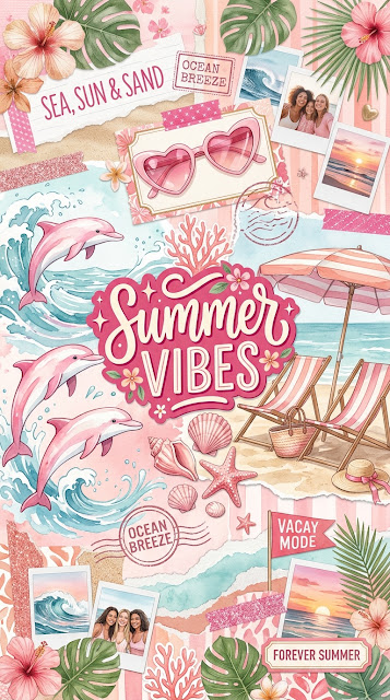 Pink Summer Vibes Aesthetic Collage with Dolphin and Shells - Free mobile Wallpaper