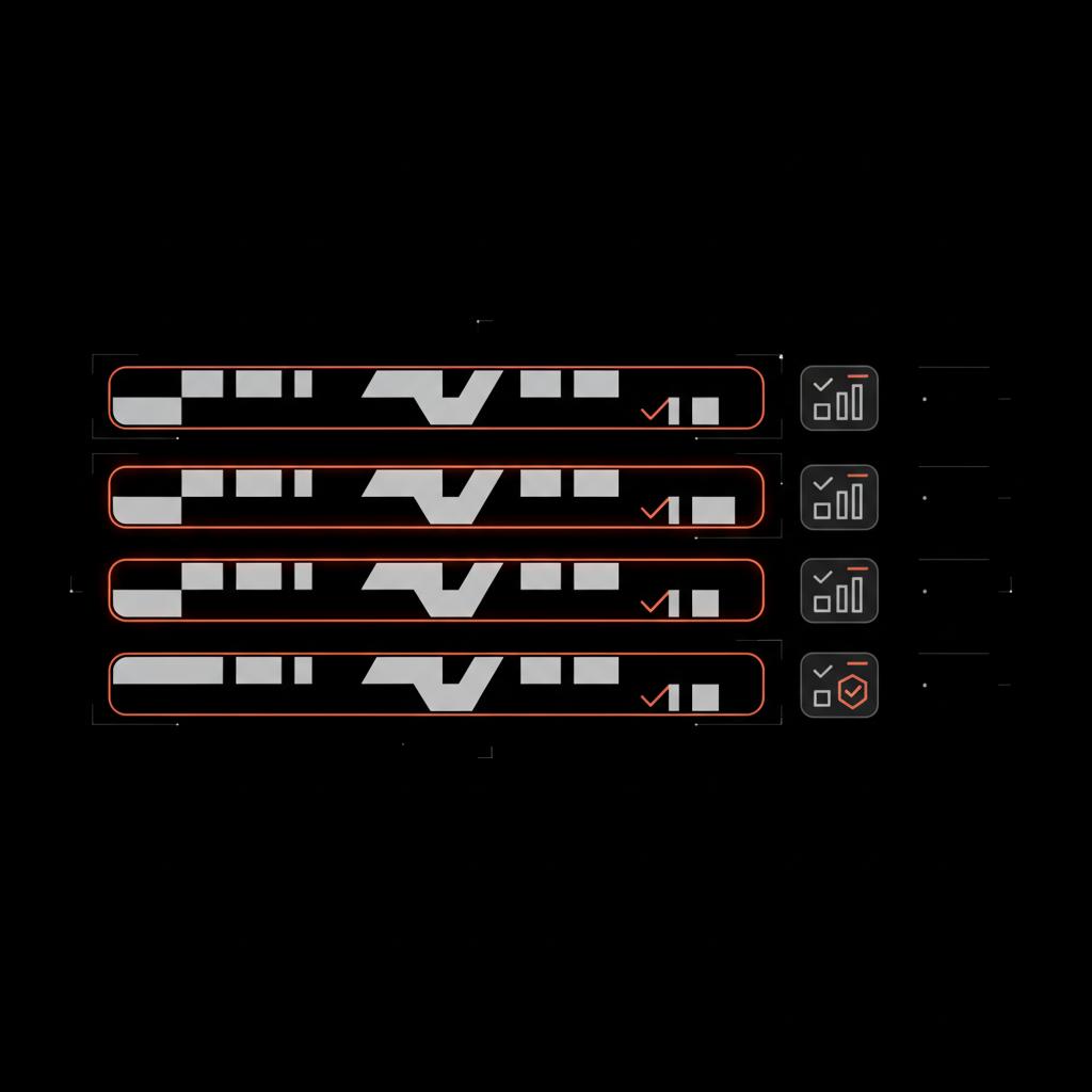 Minimalist vector watchlist dashboard with three tickers passing filters and checklist icons for trend, volume, risk in brand colors, 90% rule in trading