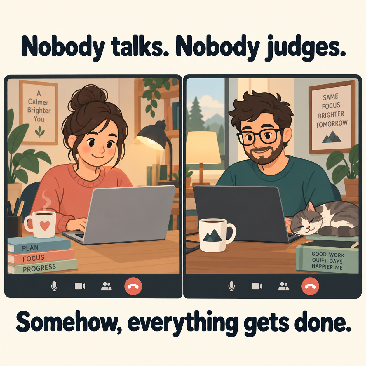 Cartoon of two people quietly working on laptops over a video call, captioned "Nobody talks. Nobody judges. Somehow, everything gets done."