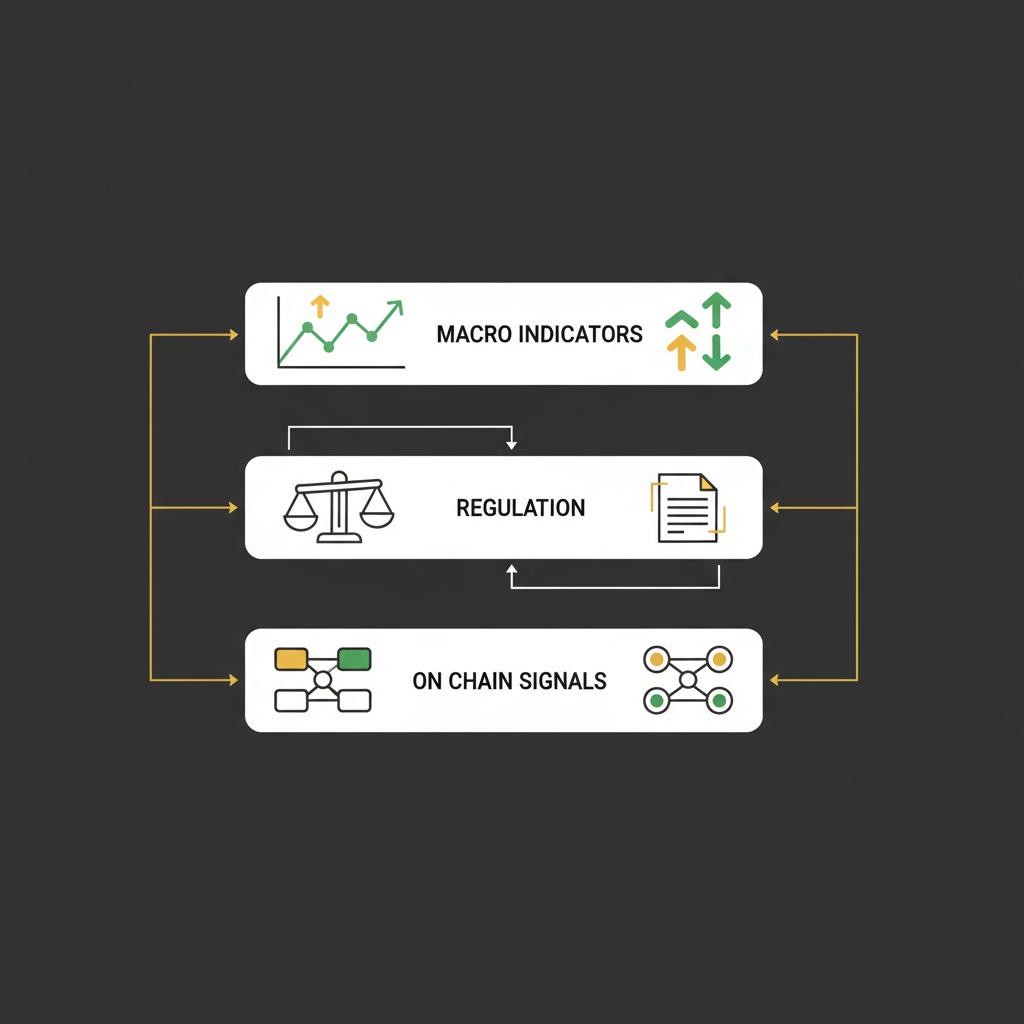 Minimal 2D vector schematic of three stacked layers representing macro indicators regulation and on chain signals with arrows showing interactions crypto market live