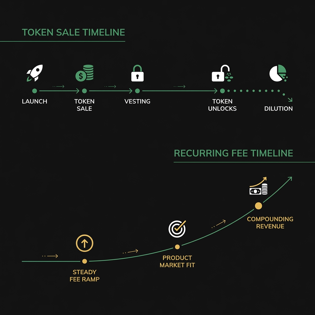 Minimalist infographic comparing token sale timeline and recurring fee timeline for a crypto venture showing vesting product market fit and fee ramp