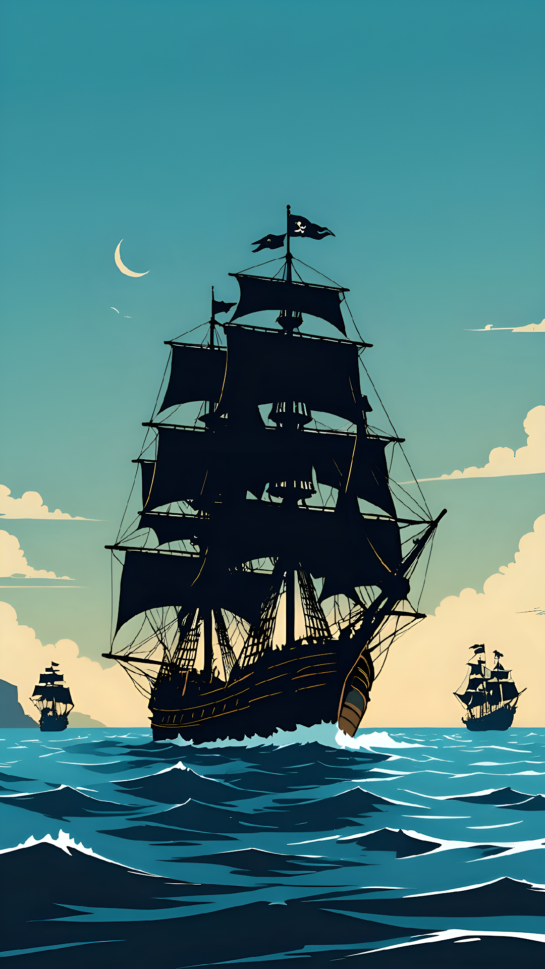Black Silhouette Pirate Ships Sailing Rough Turquoise Ocean - Free 4K mobile Wallpaper