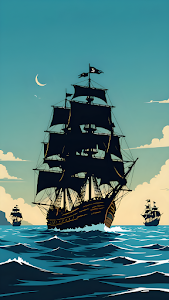 Black Silhouette Pirate Ships Sailing Rough Turquoise Ocean