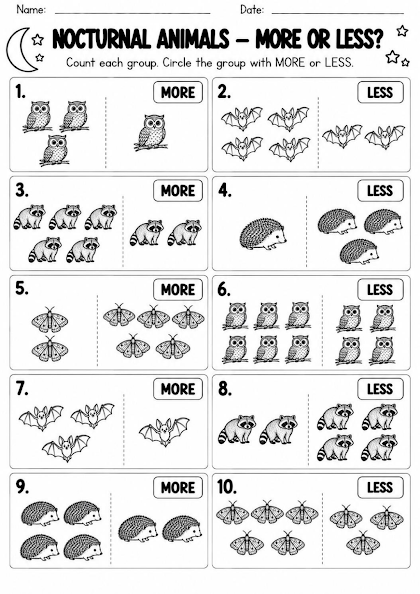 Nocturnal Animal More or Less Worksheet
