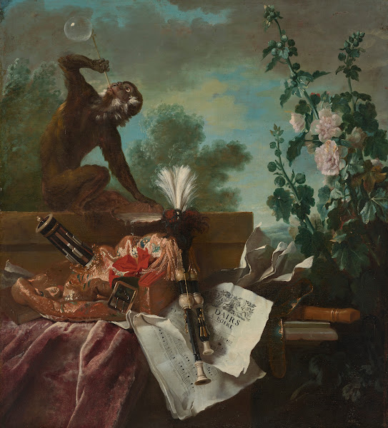 An Allegory of Air a musical still life with a monkey blowing bubbles a musette