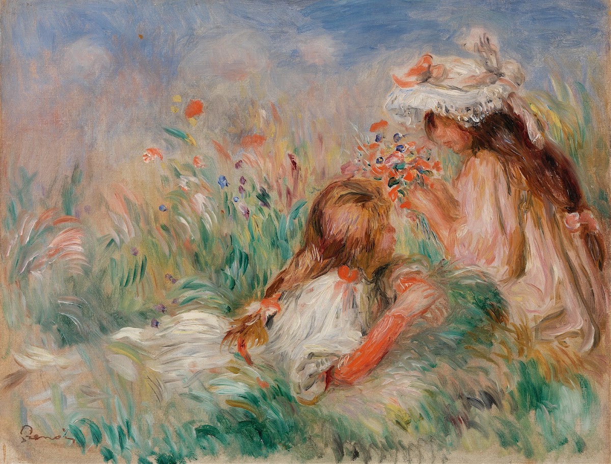 Girls in the Grass Arranging a Bouquet Fillette couchée sur lherbe et jeune fill
