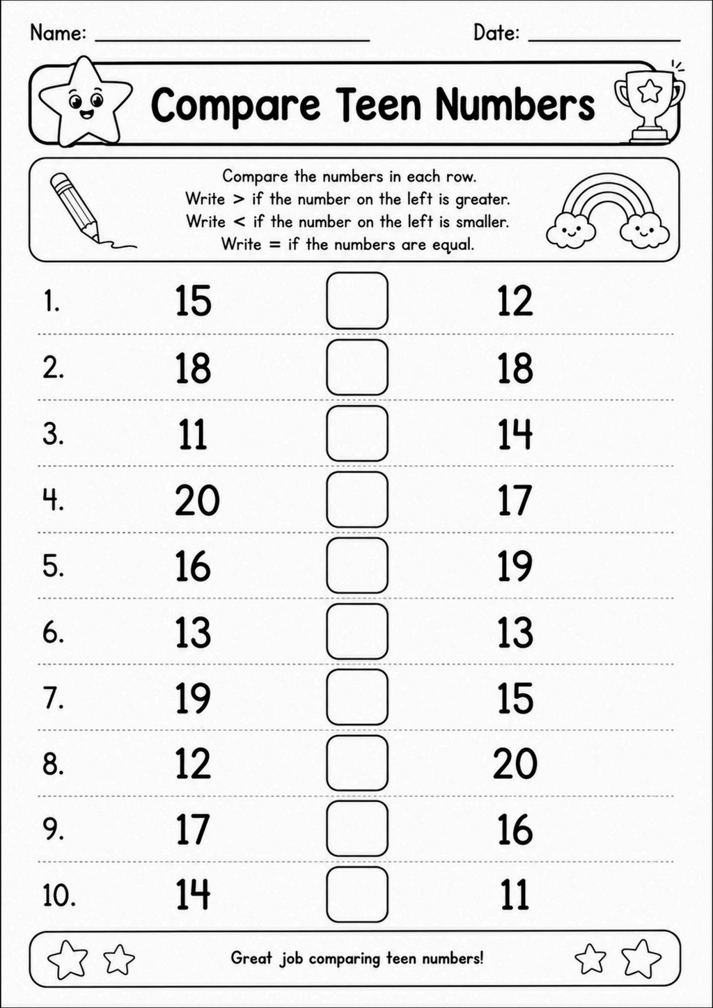 Compare Teen Numbers Worksheet