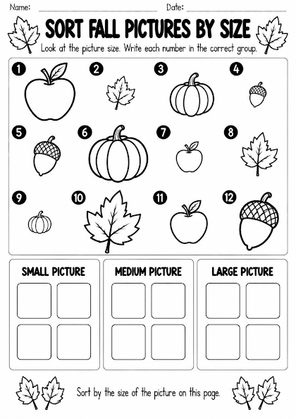 Fall Picture Size Sorting Worksheet