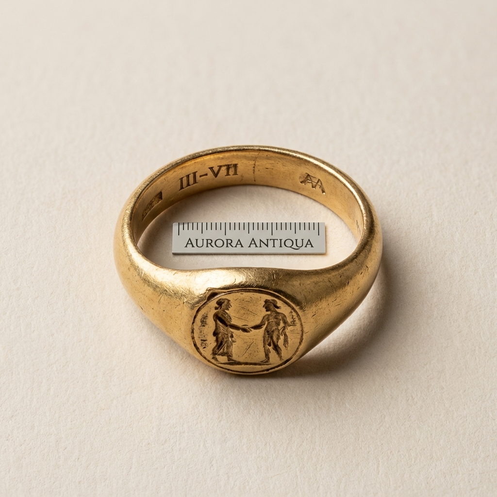 Macro view of ancient wedding rings intaglio bezel and inner band measurement markings with jeweler scale on neutral Aurora Antiqua background