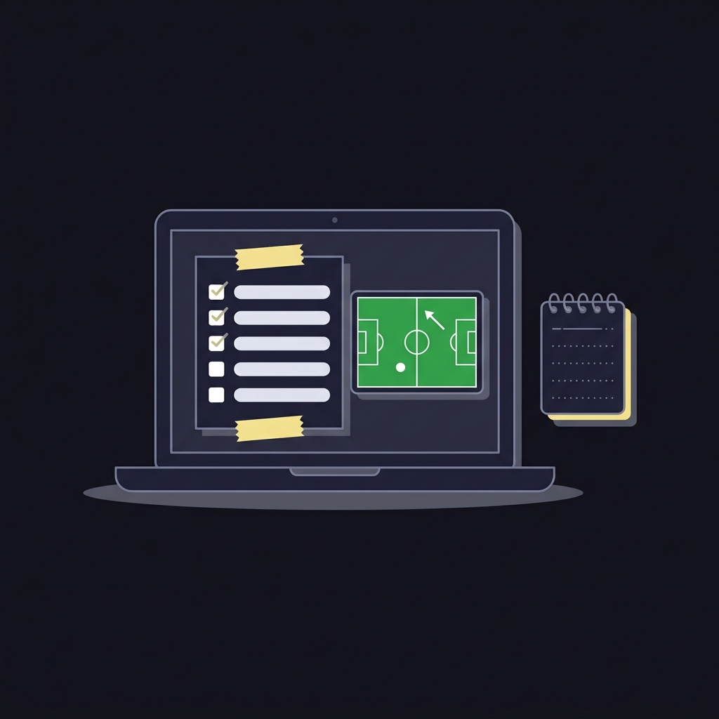 Both Teams to Score Markets Explained minimalist 2D vector of a laptop with a taped checklist and a small notepad with staking rule marks beside a simplified football match video feed on a dark brand background
