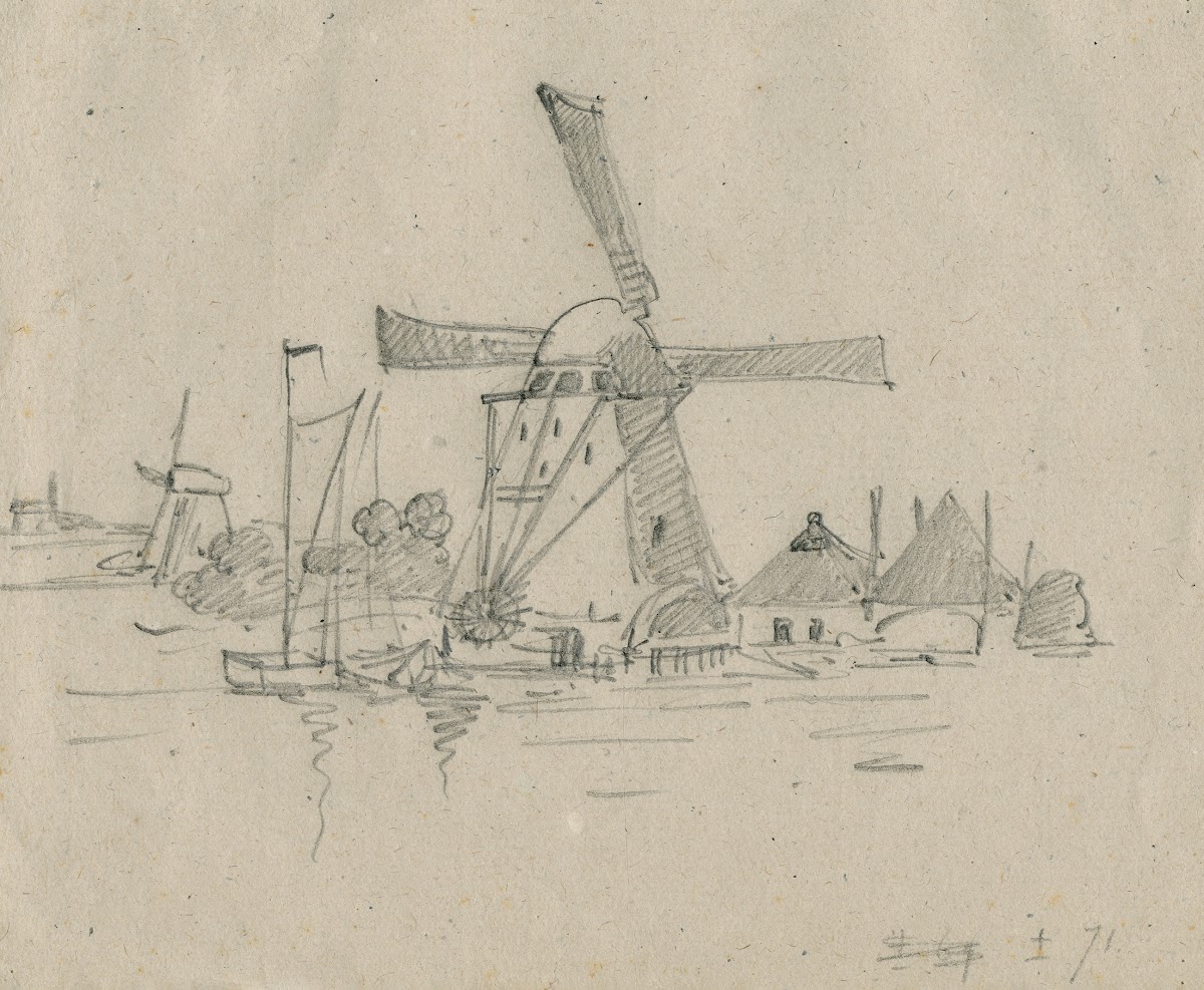 Mills and a farmhouse on a lake