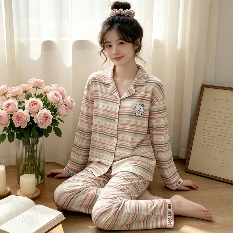 Women's pajamas, checkered, long sleeve, cotton imitation
