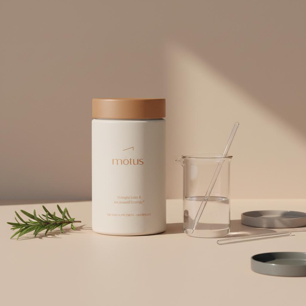 Minimalist lab-style photo of the Tonum product from reference on a clean counter next to a glass beaker and rosemary, suggesting taurine for cognition.