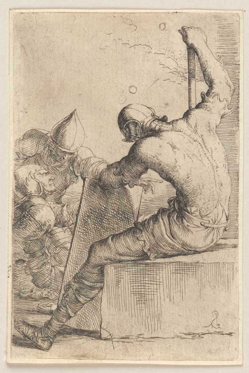Three Soldiers One Seated and Supporting Himself with a Cane and Shield 1656   1