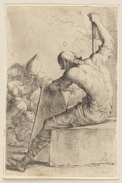 Three Soldiers One Seated and Supporting Himself with a Cane and Shield 1656   1