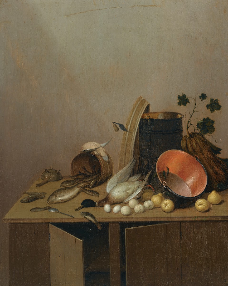 Still Life With A Dead Duck Fish Pears Eggs A Copper Pot And Other Objects All A