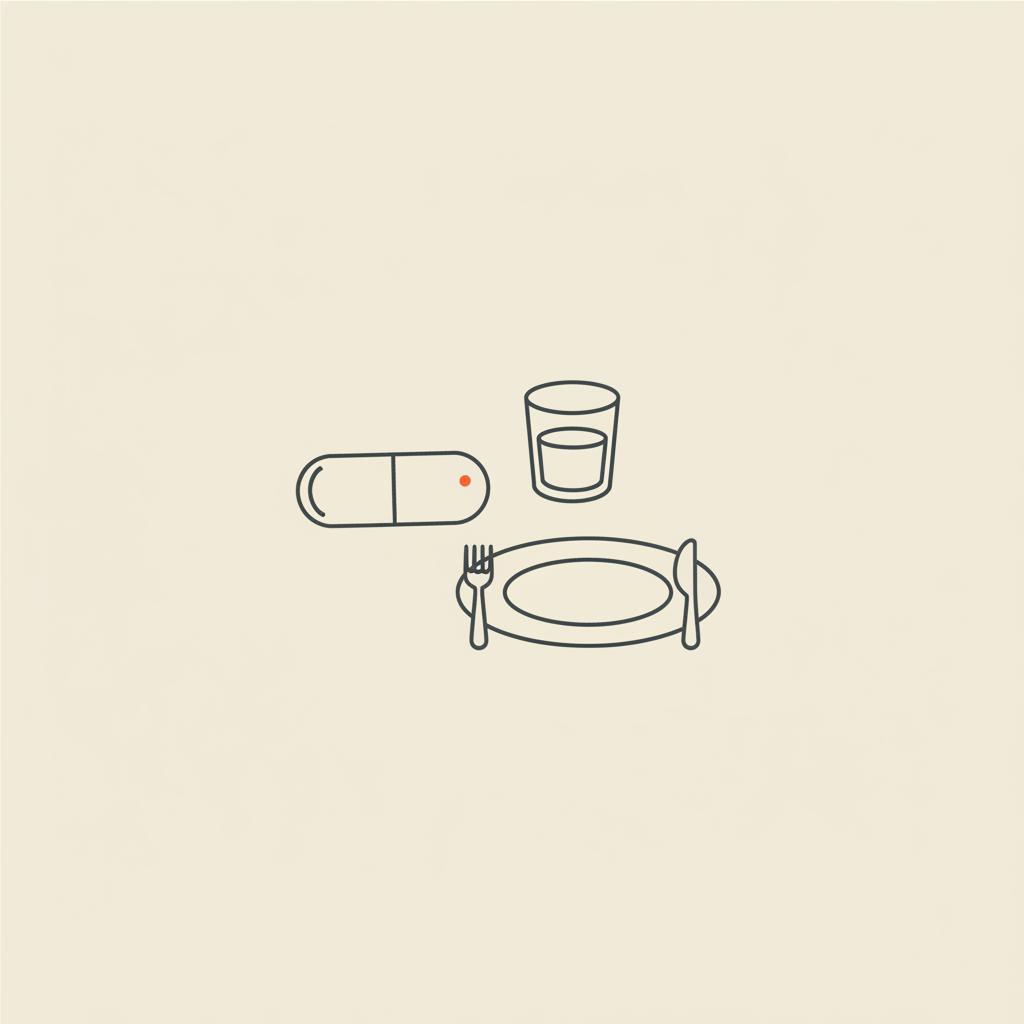 Minimal Tonum-style vector line illustration of a capsule, water glass, and plate with cutlery on beige background, representing creatine timing for fat loss.