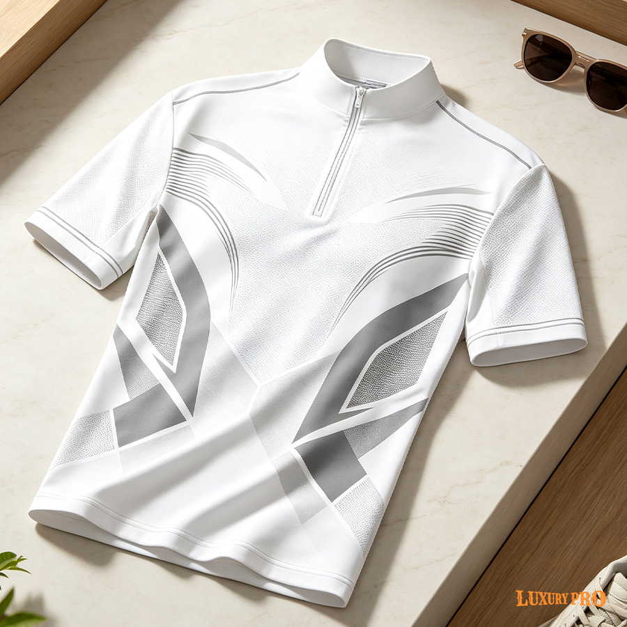 Man Stand Collar Zip Polo-White zip