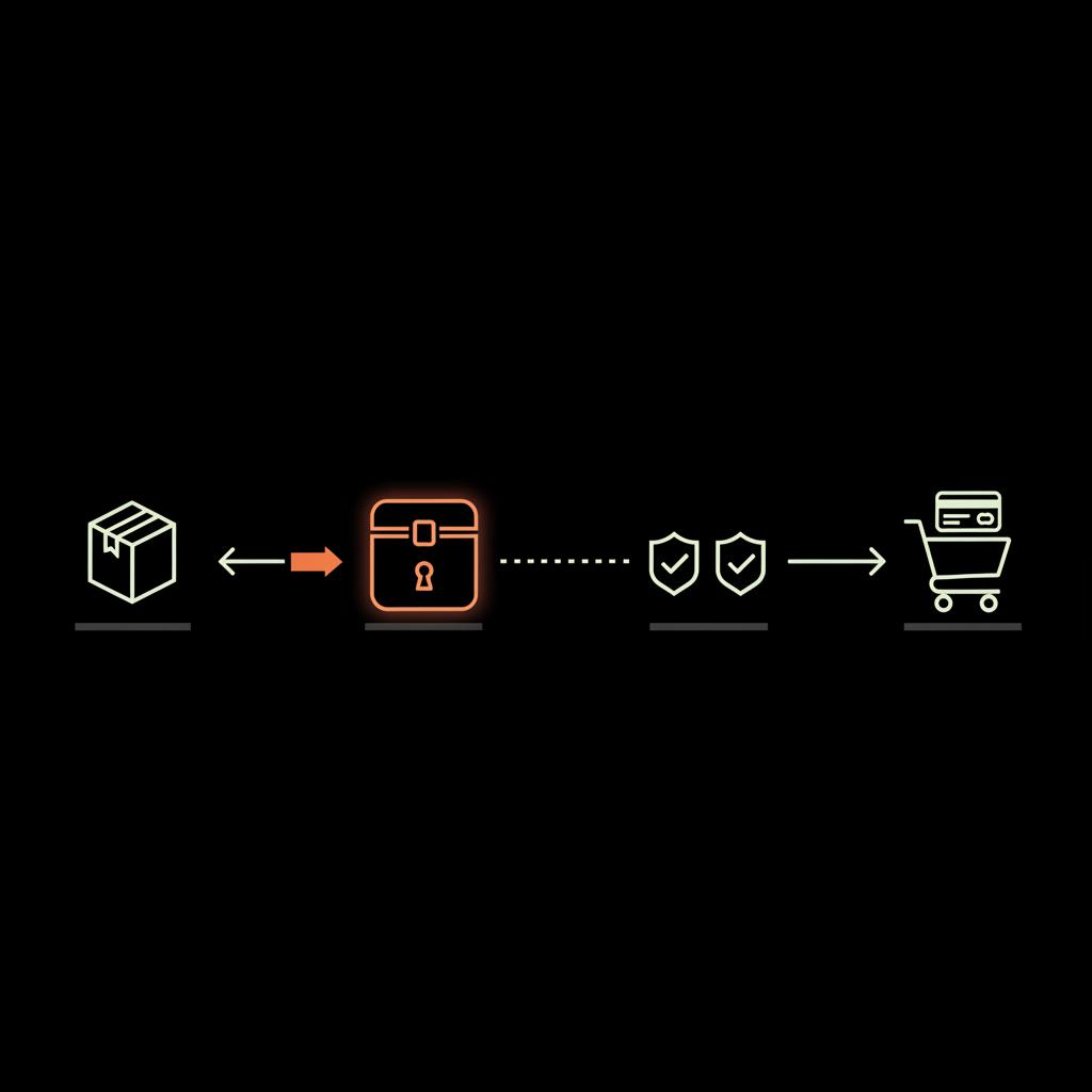 Minimal 2D vector infographic of an escrow transfer flow showing seller (package icon), escrow box (locked box), verification checks (shield check icons), and buyer (cart icon) on black background with orange accents — instagram handle worth