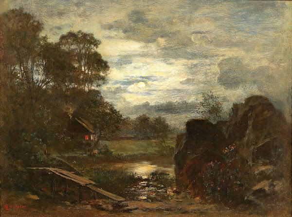 Pond Landscape with Jetty and Hut in the Moonlight