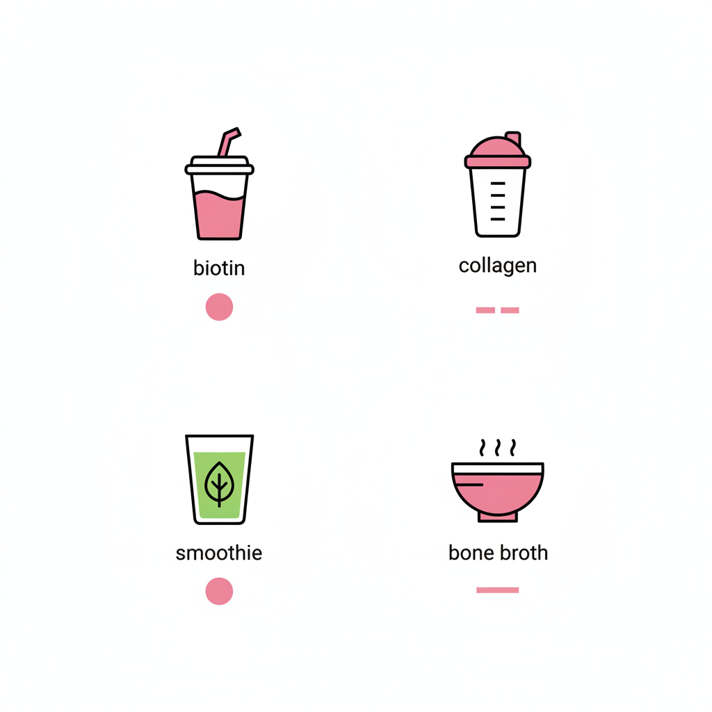 Minimalistische Vektor-Infografik mit vier Getränke-Icons (Proteinshake, Kollagen-Shaker, Grüner Smoothie, Knochenbrühe) und visuellen Dosierungsindikatoren, Getränke für starke Nägel