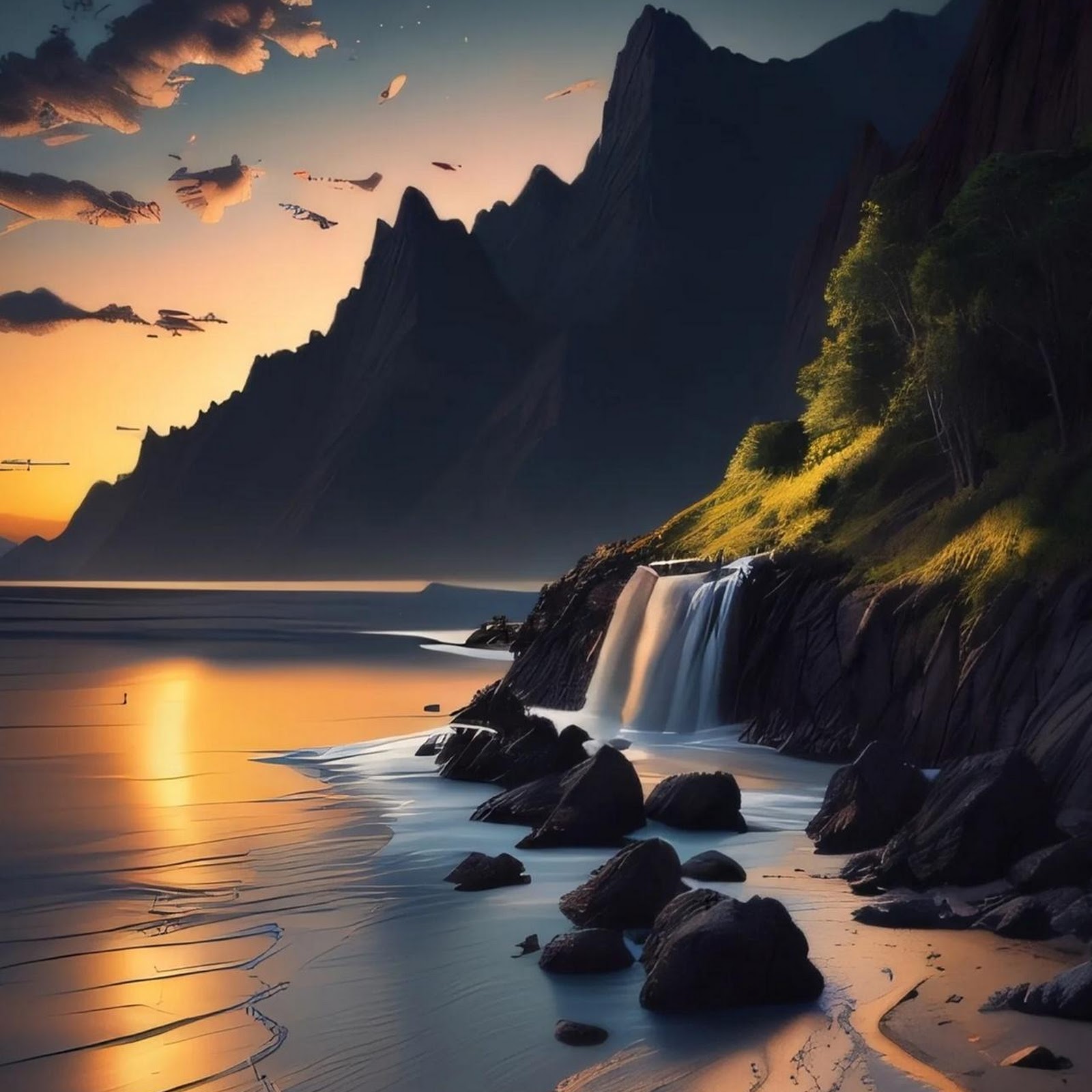 Download Mountain Waterfall Coast At Sunset Full HD iPhone