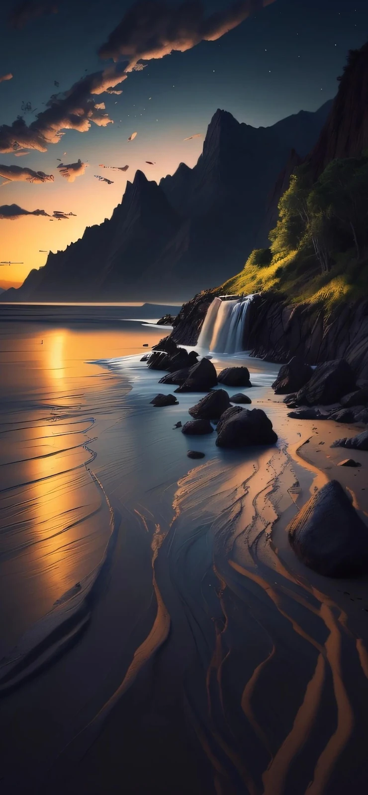 Mountain Waterfall Coast At Sunset - Digital Landscape Art Full HD iPhone Wallpaper (1284x2778)