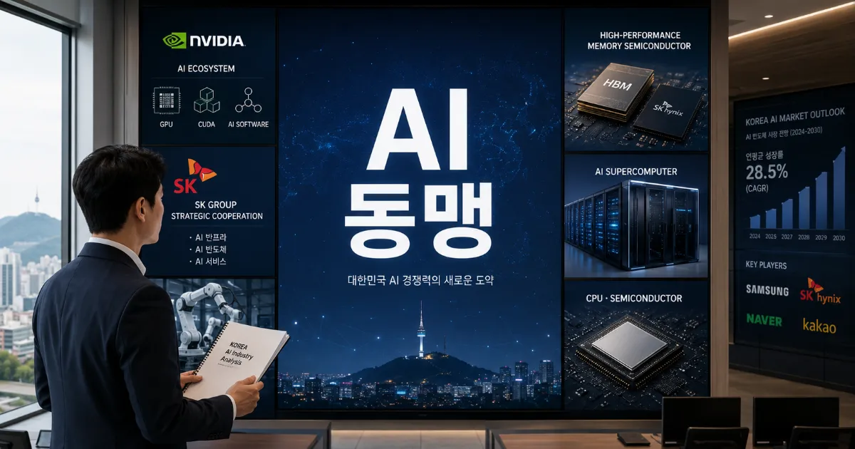 엔비디아와 SK 협력 흐름을 AI 데이터와 반도체 인프라 신호로 나누어 보여주는 대표 이미지