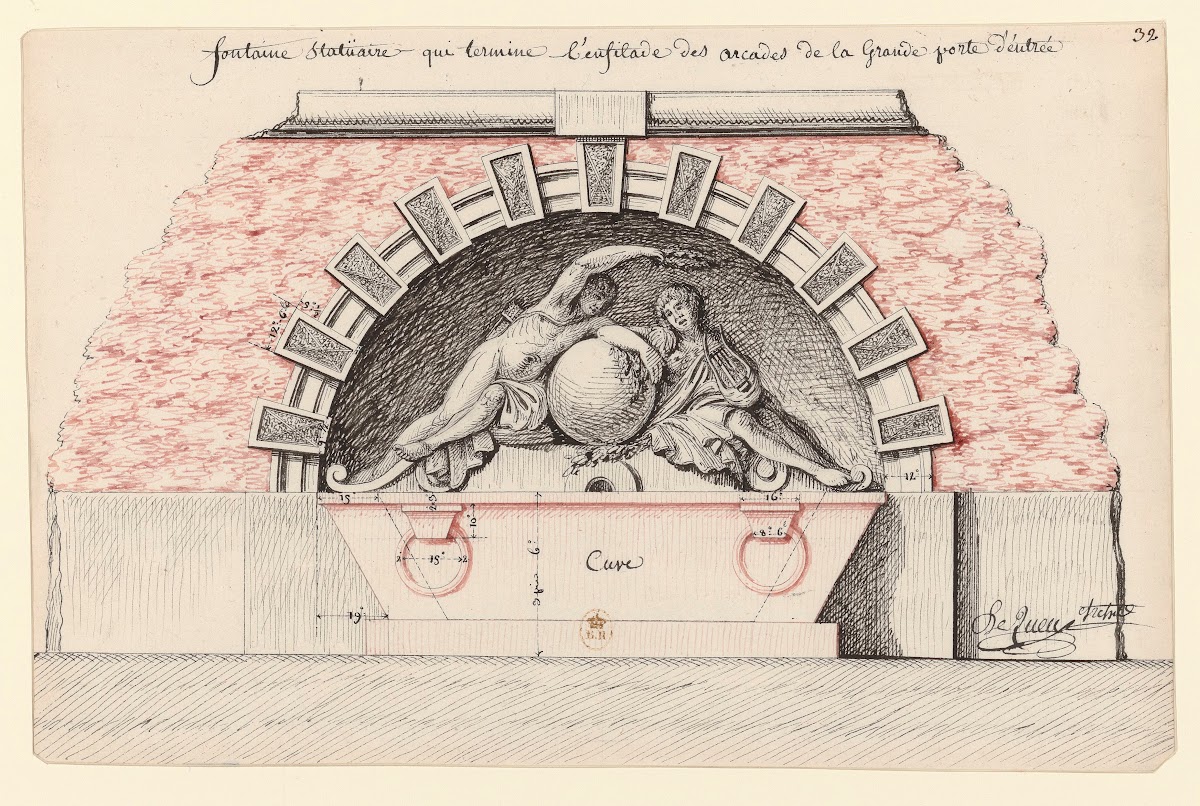 Fontaine statüaire qui termine lenfilade des arcades de la grande porte dentrée