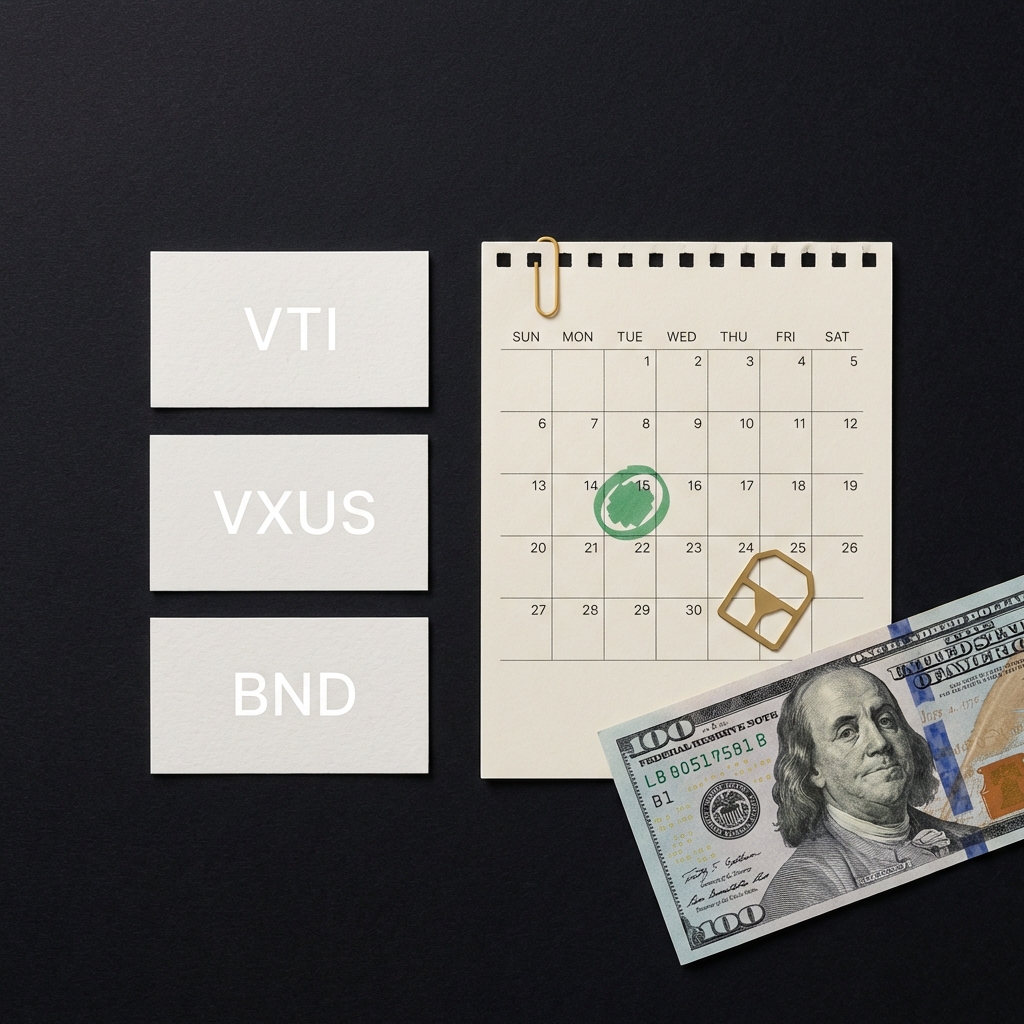 Top down flat lay of three index fund ticker tags next to a monthly calendar page and a partially visible 100 dollar bill illustrating investing $100 a month