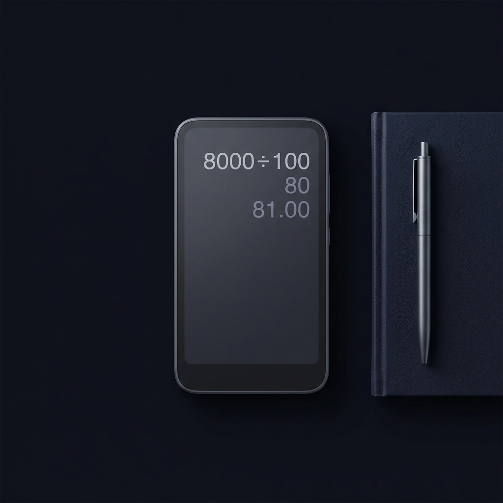 Closeup flat lay of a calculator screen showing 8000 divided by 100 result 80 and decimal 81.00 with a notebook and pen on a dark Funded Plays style background aceodds odds converter