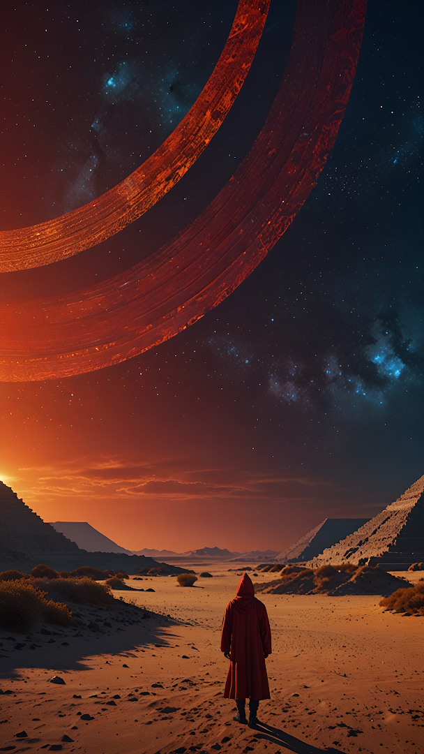 Red Cloaked Figure in Desert Under Ringed Planet Sky