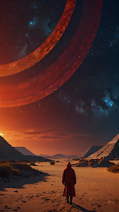 Red Cloaked Figure in Desert Under Ringed Planet Sky