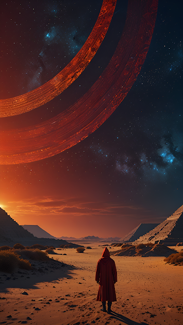 Red Cloaked Figure in Desert Under Ringed Planet Sky - Free mobile Wallpaper
