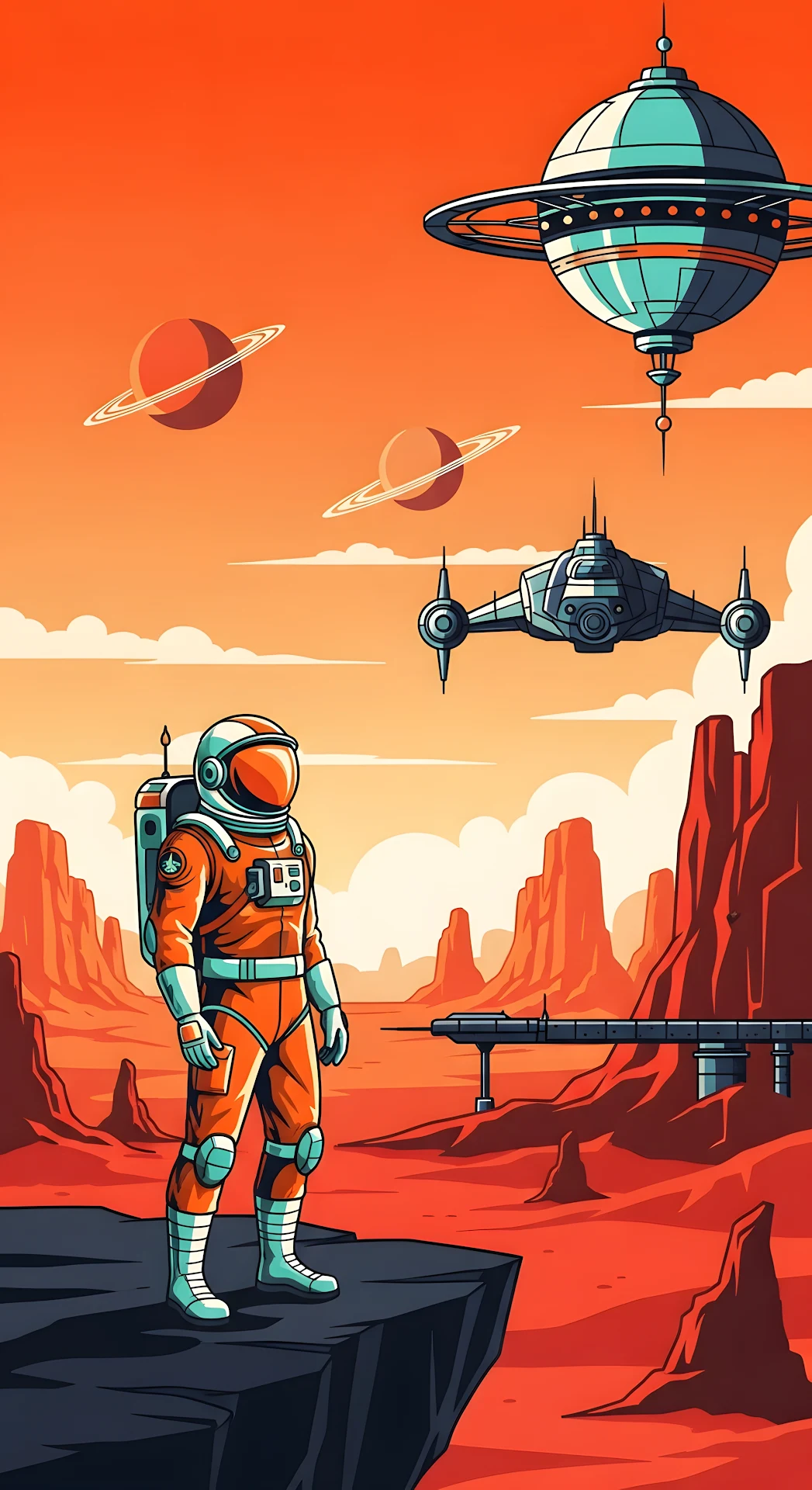 Retro-Futuristic Astronaut Standing on Rocky Ledge on a Red Alien Planet Landscape - Free 4K mobile Wallpaper
