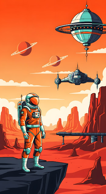 Retro-Futuristic Astronaut Standing on Rocky Ledge on a Red Alien Planet Landscape - Free mobile Wallpaper