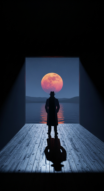 Isolated Detective Figure Gazing at Full Red Moon Reflected on Water Through Dark Window - Free mobile Wallpaper
