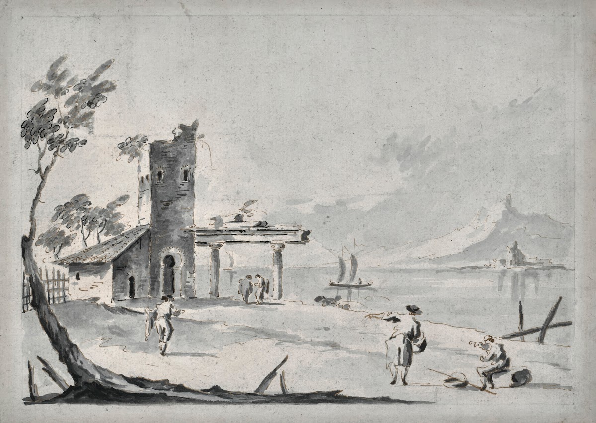 The Venetian lagoon with ruins and figures
