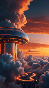 Futuristic Skyscraper City Above Clouds at Sunset