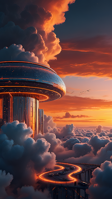Futuristic Skyscraper City Above Clouds at Sunset - Free mobile Wallpaper