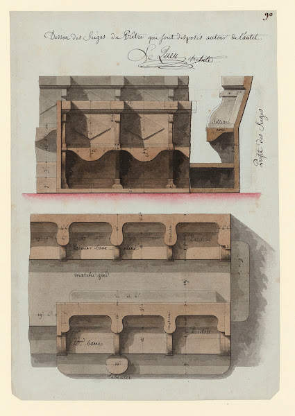 Dessin des sièges de prêtre qui sont disposés autour de lautel
